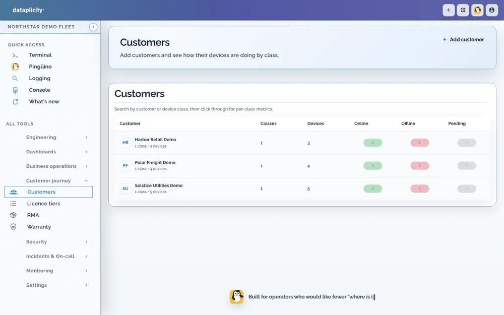 Dataplicity customers page with Harbor Retail, Polar Freight, and Solstice Utilities demo fleets