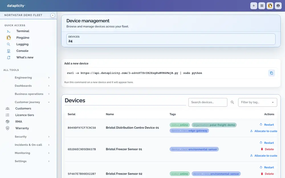 Dataplicity device inventory for the Northstar demo fleet with tagged devices across customer sites