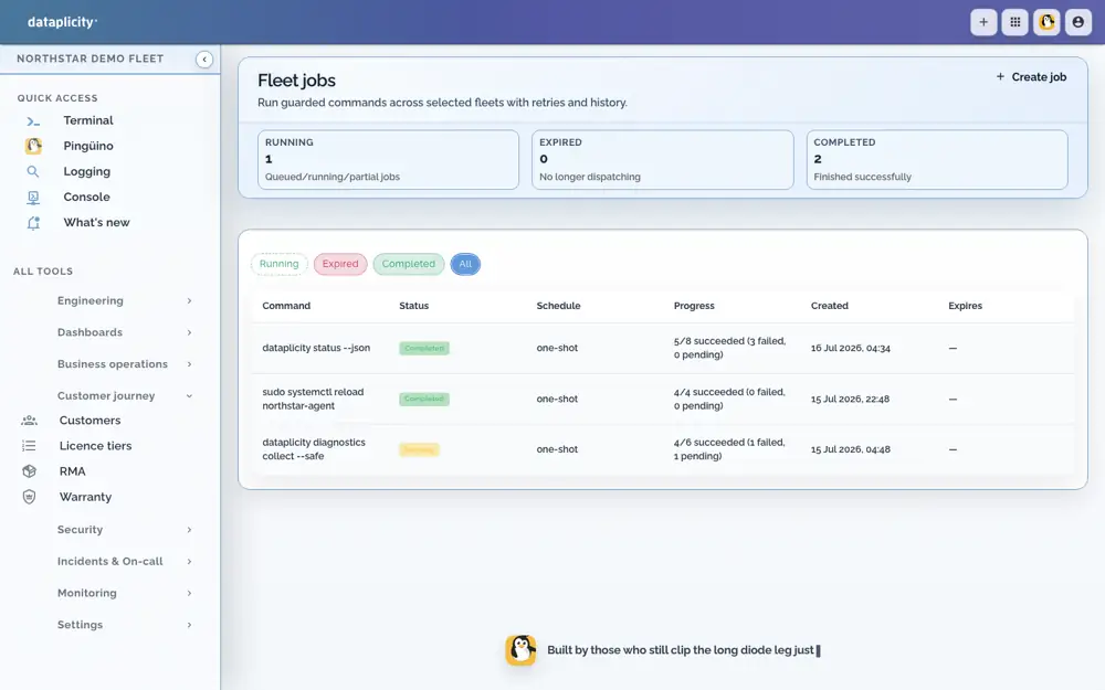 Dataplicity fleet jobs running guarded commands across selected devices with progress history
