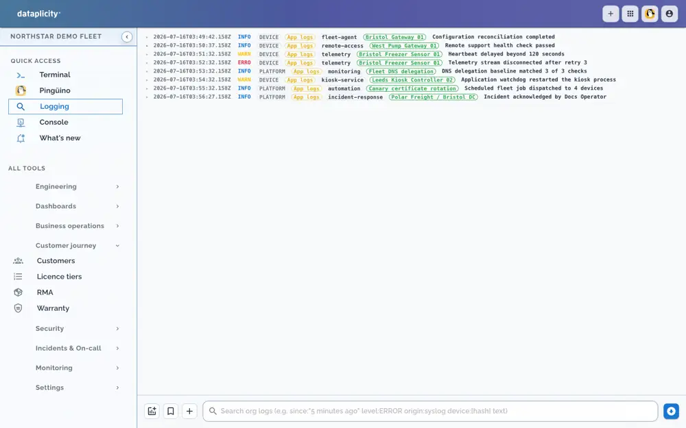 Dataplicity logging console with device and platform events from the Northstar demo fleet