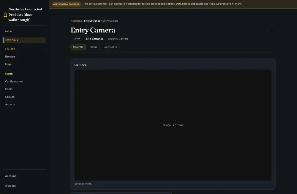 Northstar Connected Products customer portal camera detail for Entry Camera with live view controls