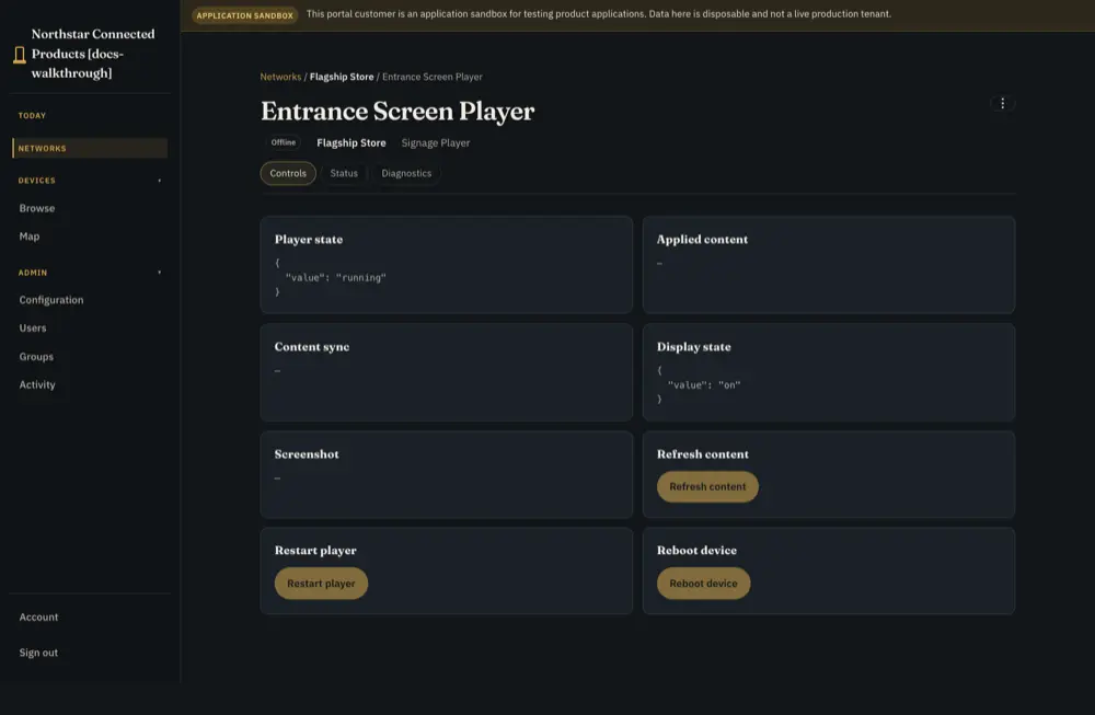 Remote signage player detail with player state, display state and remote controls