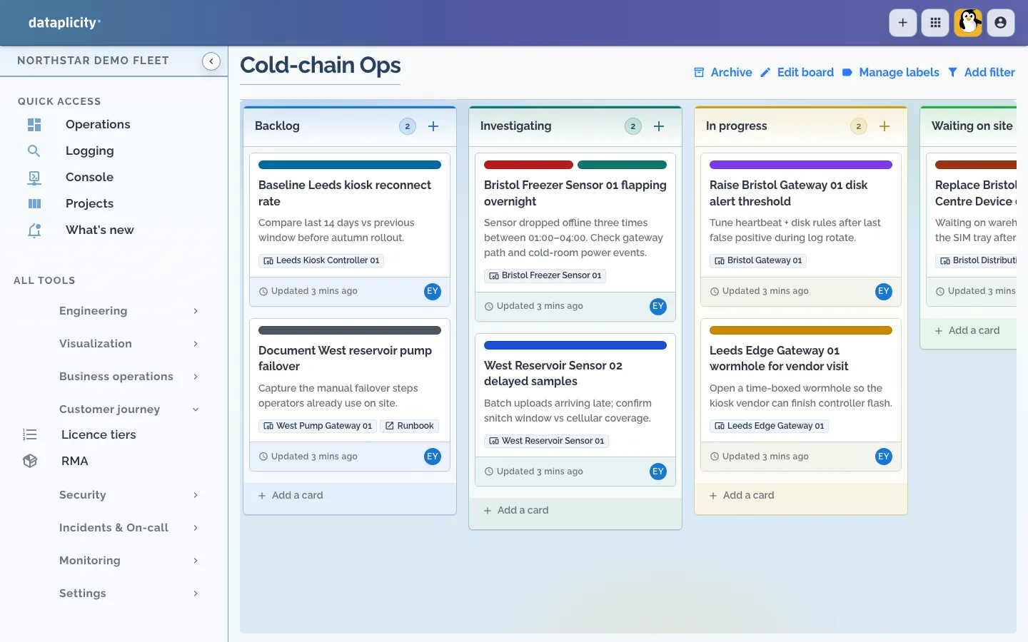 Dataplicity Project Boards Kanban for the Northstar demo fleet cold-chain ops board with device-linked cards