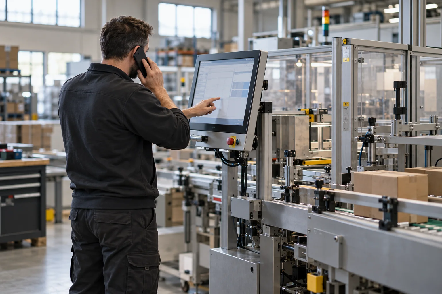 A workshop operator on a support call beside a production-line computer