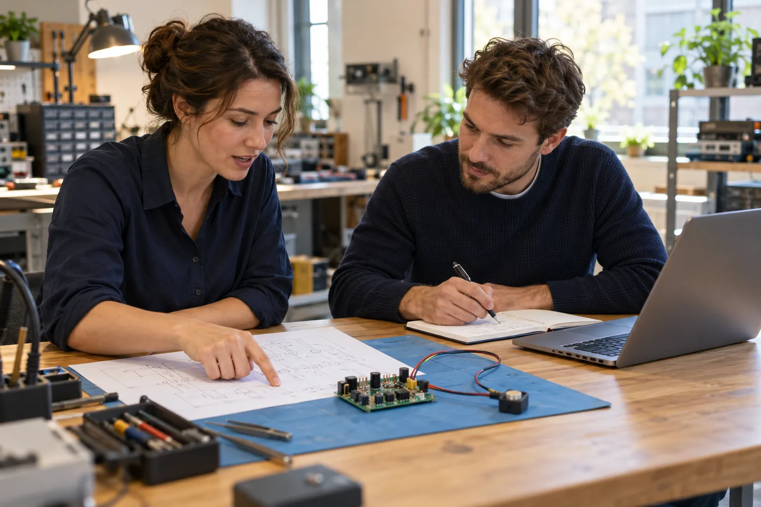 Two engineers comparing a controller prototype with a schematic and agreeing their next test