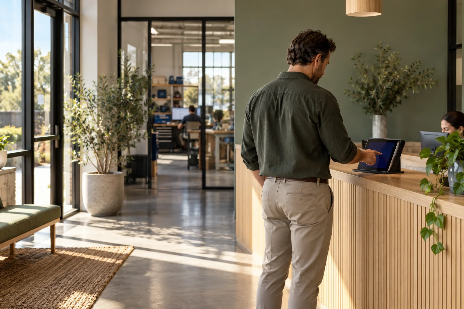 A visitor using a tablet at a workplace entrance